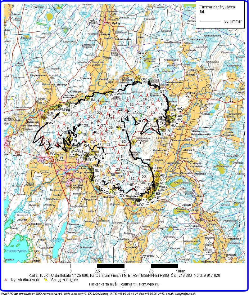 O2 Finland Oy 2.9.2013 47 (53) Kuva 25. Esimerkki vaihtoehdon VE1 mukaisesta varjostusmallinnuksesta, mikäli käytetään teoreettista maksimia. Mallinnuksessa voidaan myös ottaa huomioon mm.