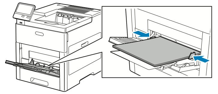 Paperit ja muu tulostusmateriaali 5. Säädä leveysrajoittimia niin, että ne koskettavat paperin reunoja. 6. Tulostin pyytää vahvistamaan tarra-arkkien tyypin, koon ja värin. a.