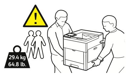 Tulostimen kunnossapito 8. Jos valinnainen 550 arkin syöttölaite on asennettu, avaa sen lukitus ja poista se ennen tulostimen siirtämistä. 9. Nosta ja kanna tulostinta kuvan mukaisesti. Huom.