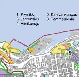 Särkänniemen kallioharjanne. Keskustan halkaisee pohjois-eteläsuuntainen Tammerkoski, joka yhdistää Näsijärveä ja Pyhäjärveä.