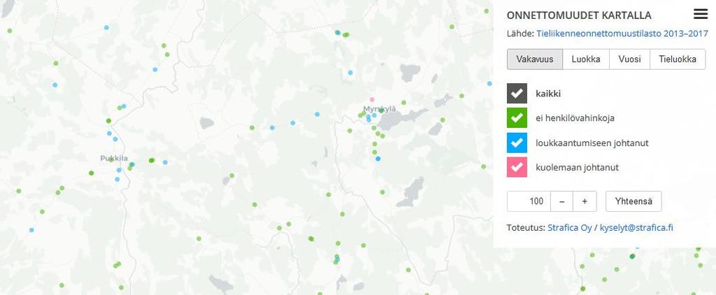 Tieliikenteen onnettomuudet kartalla Poliisin tilastot (ns. virallinen tilasto): http://apps.strafica.