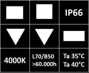 000h Ohjausoptiot: Dali / liiketunnistinohjaus (corridor function) Runko: Runko ja salvat RST, silikonitiivisteet Kupu: Karkaistu suojalasi (kirkas/satiini) /