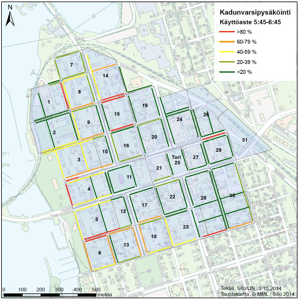 4.8.2015 15 (60) 3.2.2 Paikkojen käyttöaste Pysäköintikartoituksen osana tarkasteltiin kadunvarsipaikkojen käyttöastetta aamulla klo 5:45 6:45, keskipäivällä klo 10:00 12:00 ja illalla klo 18:00 20:00.