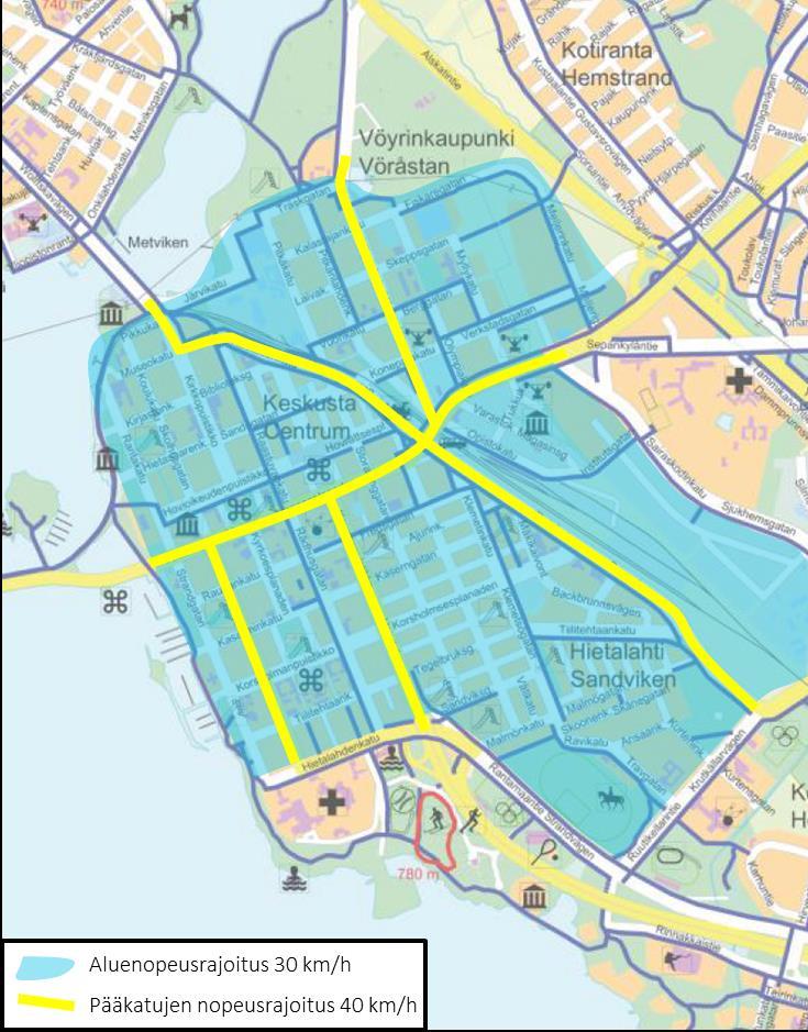 4.8.2015 27 (60) Liikennettä pyritään rauhoittamaan keskustassa nopeusrajoituksia alentamalla.
