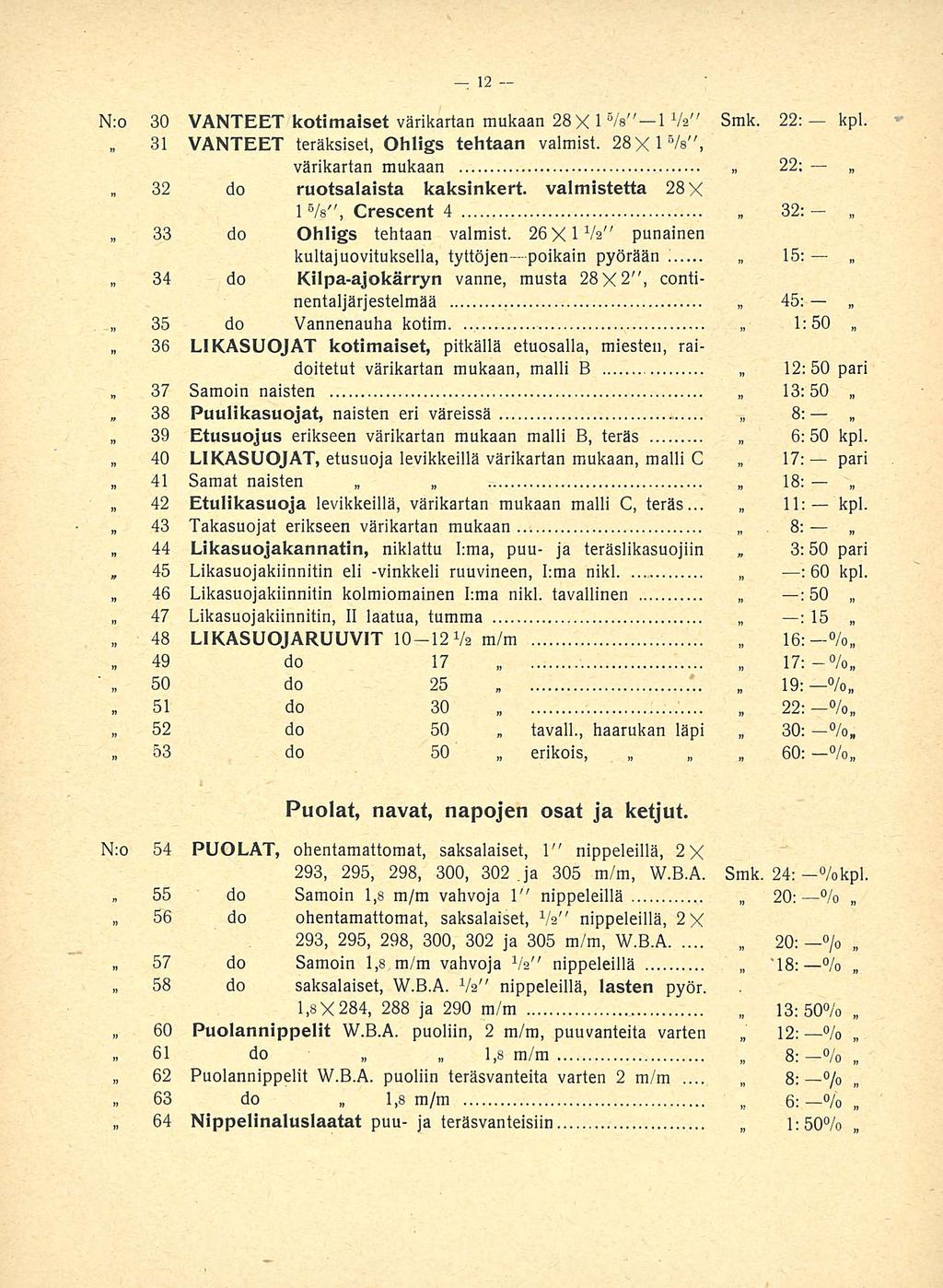 ' 37 38 45 3:50 8; N:o 30 VANTEET kotimaiset värikartan mukaan 28 X 1 %" 1 Va" Smk. 22: kpl. ~ 31 VANTEET teräksiset, Ohligs tehtaan valmist.