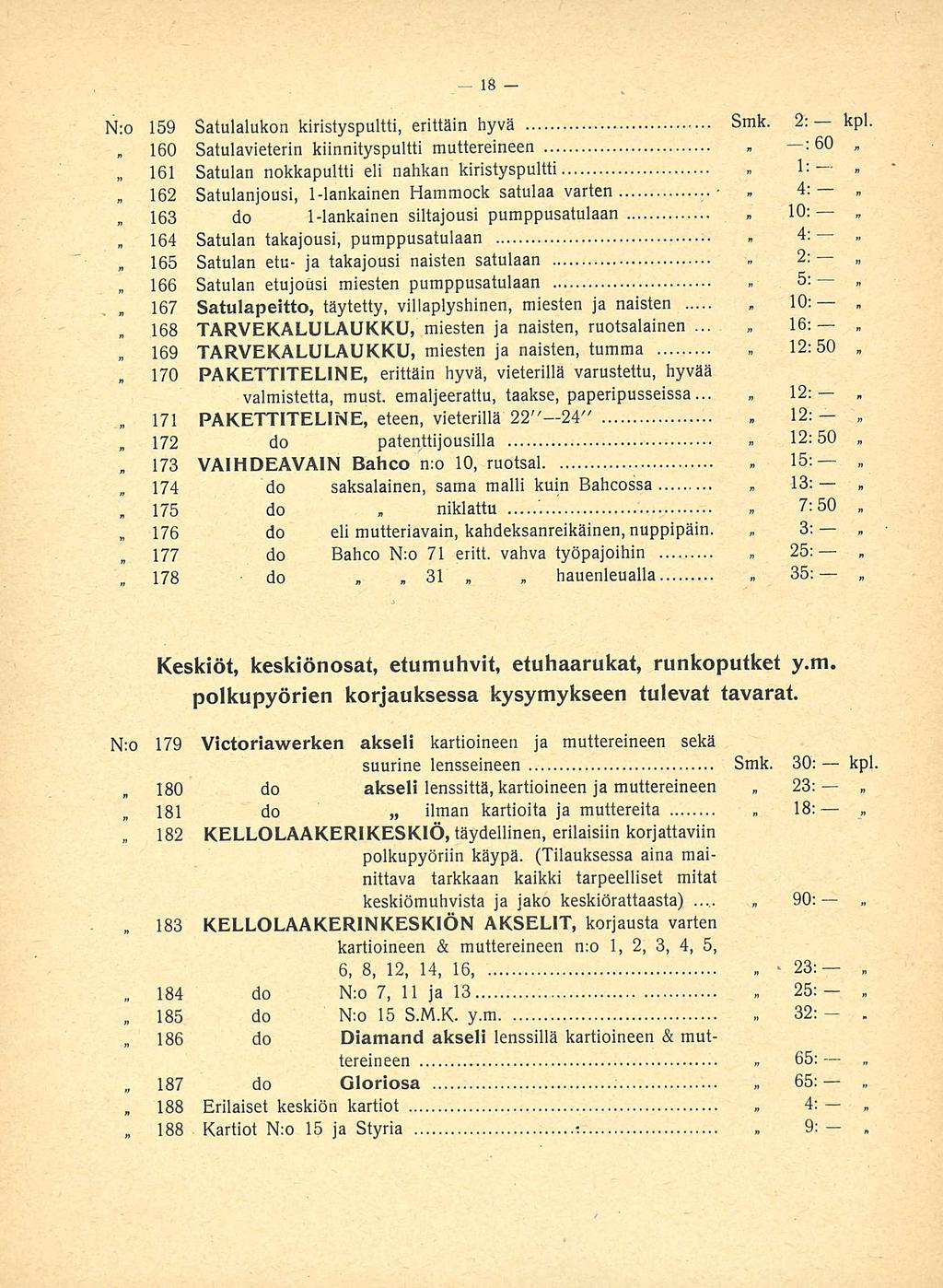 160 167 168 178 187 4: 2: 12; 3: 25: 23:. N:o 159 Satulalukon kiristyspultti, erittäin hyvä Smk. 2; kpl.