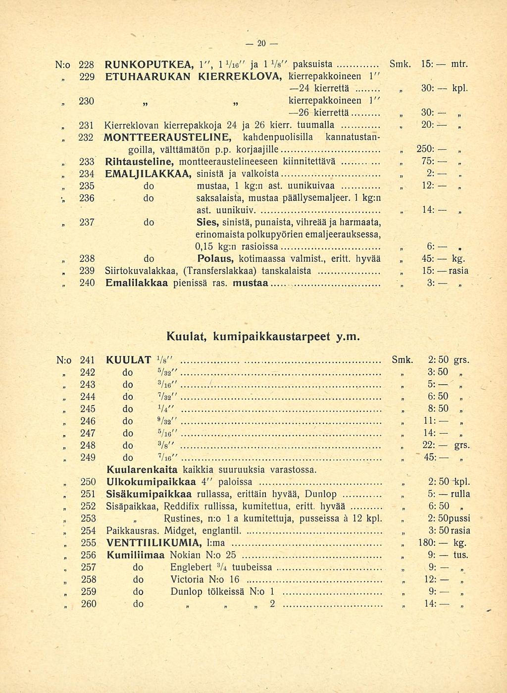 , 239 240 242 243 254 260 2 250: 14; 3: 6:50 8:50 45: 2:50 14: N;o 228 RUNKOPUTKEA, 1", 1 Vie" ja 1 Vs" paksuista Smk. 15; mtr. 229 ETUHAARUKAN KIERREKLOVA, kierrepakkoineen 1" 24 kierrettä 30: kpl.