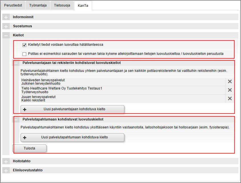 Uusi kielto lisätään Acuteen, jonka jälkeen se lähetetään ja tulostetaan. Asiakas allekirjoittaa tulostetun lomakkeen ja samalla tieto muokatuista kielloista lähetetään KanTaan.