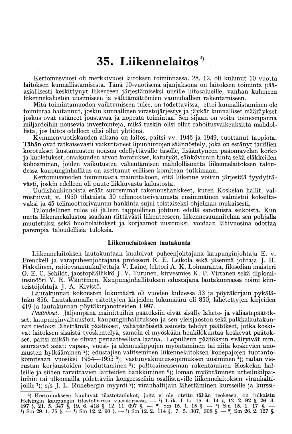 35 Liikennelaitos^ Kertomusvuosi oli merkkivuosi laitoksen toiminnassa. 28. 12. oli kulunut 10 vuotta laitoksen kunnallistamisesta.