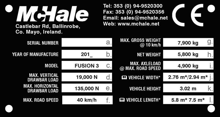4.8 Sarjanumerokilpi McHale Fusion 3 Paalainkäärin Alla selitetään sarjanumerokilven tiedot: a. koneen sarjanumero b. koneen valmistumisvuosi c. mallin nimi / koneen numero d.