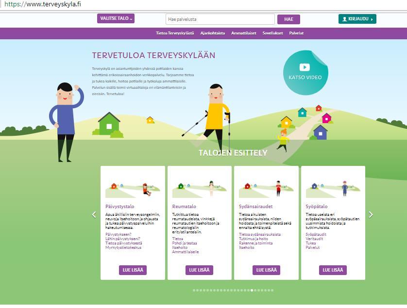 Kuva 11. Terveyskylä (Terveyskylä 2018, viitattu 21.3.2018) Palvelun sisällä toimii virtuaalitaloja eri elämäntilanteisiin ja oireisiin.