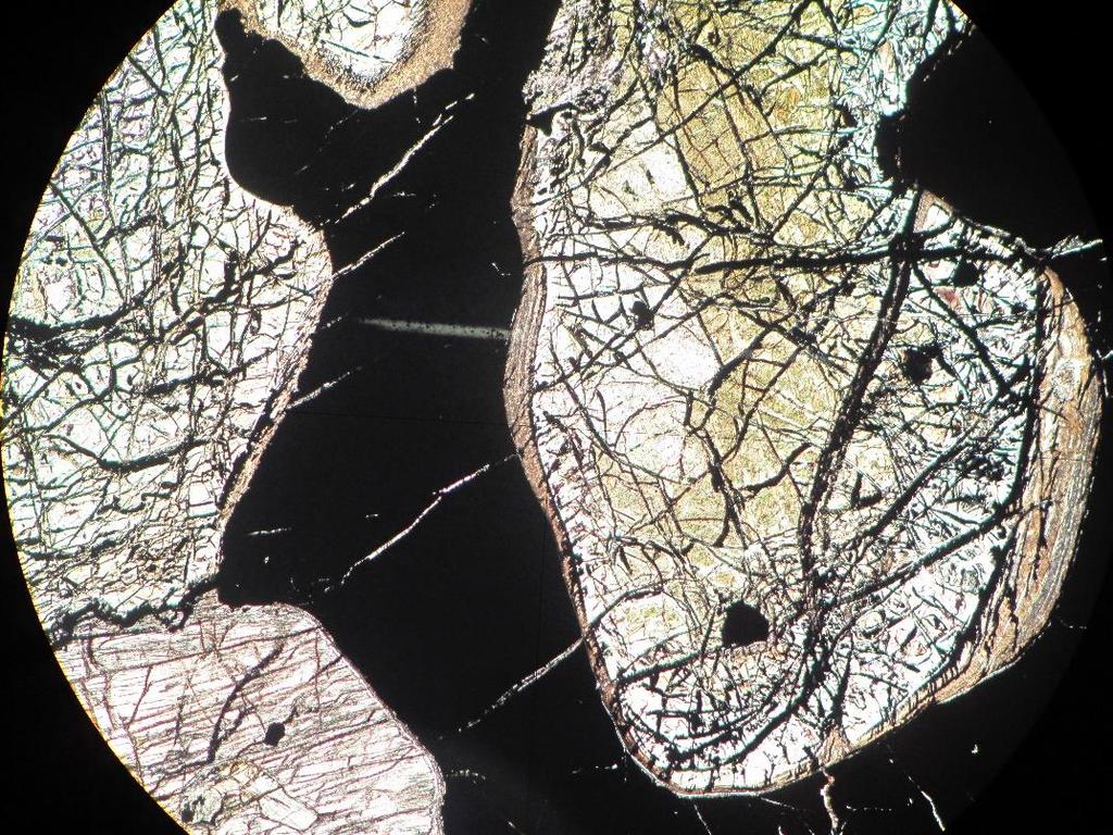 21 Ohuthie 0Y26761, oliviinigabronoriitti Ohuthie OY26761 on peräisin lohkarenäytteestä. Pseudomorfinen serpentiinipitoinen oliviini muodostaa noin 60% ohuthieen mineraaleista.