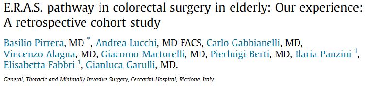 Pirrera B Int J Surg 2017 203/589 yli 75v, ERAS protokollan mukainen hoito Ei eroa
