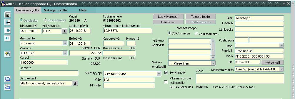 2.7 Ostolaskujen kierrätys (jos laskukohtainen maksutili valittu) Jos laskukohtainen maksutili on valittu ja laskua ei ole vielä viety reskontraan, tulee laskun maksutiliksi valita listalta uusi tili