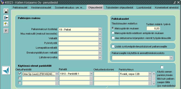 2.10 Palkanlaskennan perustiedot Ohjaustiedot Hae listalta uusi tili vanhan tilin tilalle kohdassa Pankkitili ja tallenna muutos 2.