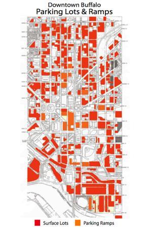 Normiton pysäköintipolitiikka USA:ssa (off-street parking) A map from the New Millennium Group of parking in downtown Buffalo. (The.urbanophile/Flickr) Buffalo, NY 260 000 as. (metropoli 1 150 000 as.