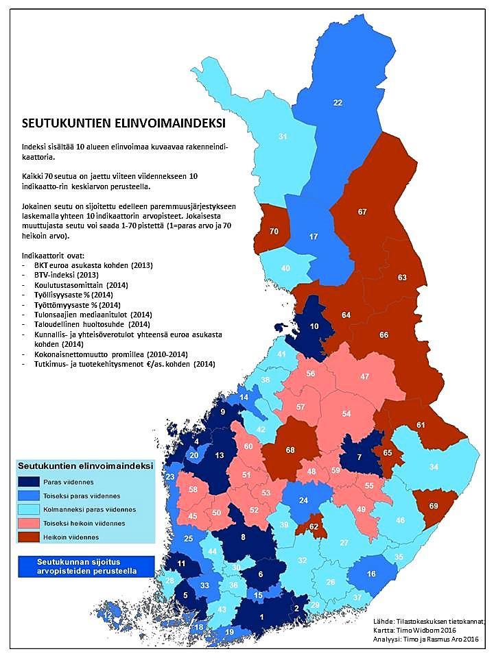 LIITE 7 Seutukuntien elinvoimaindeksi arvopisteittäin (seutujen sijoitukset arvopisteittäin paremmuusjärjestyksessä).