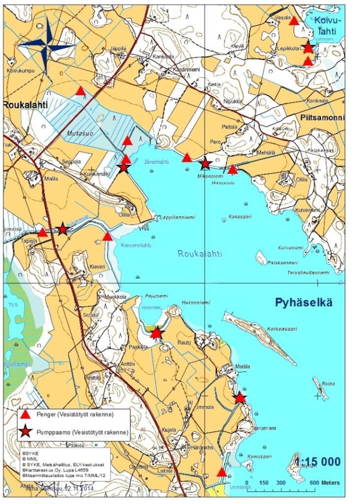 Kuva 78. Roukalahden alueen pengerrysalueet ja pumppaamot (lähde: Ympäristöhallinnon rekisteri).