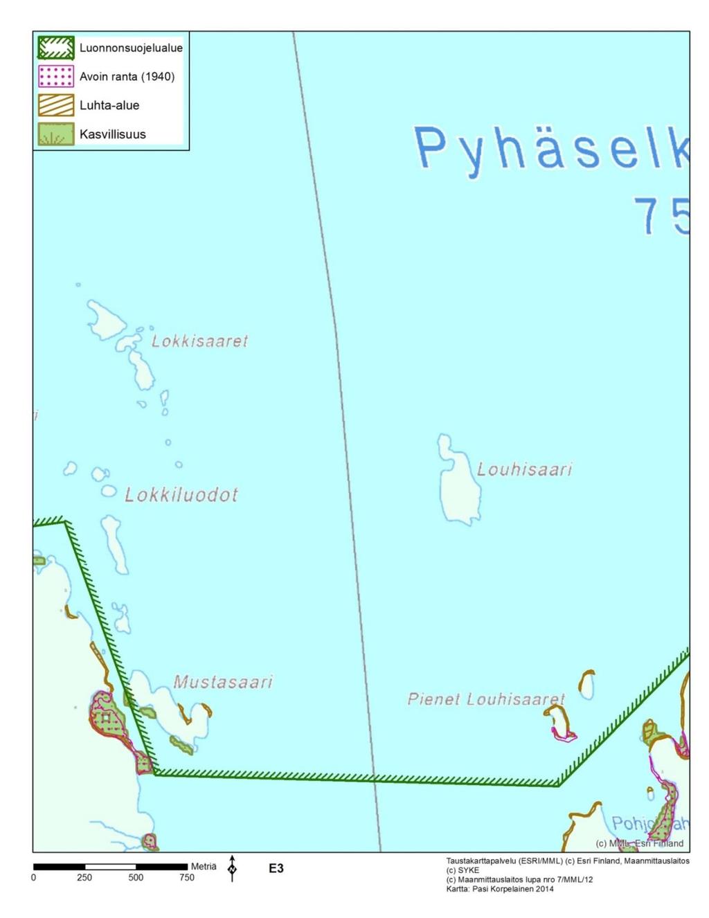 7.5.3 Pesolansaari-Lokkisaaret-Suursaari (karttalehti E3) Valtaosa karttalehdestä on Oriveden-Pyhäselän saaristot FI0700018 (SCI)-suojelualuetta.