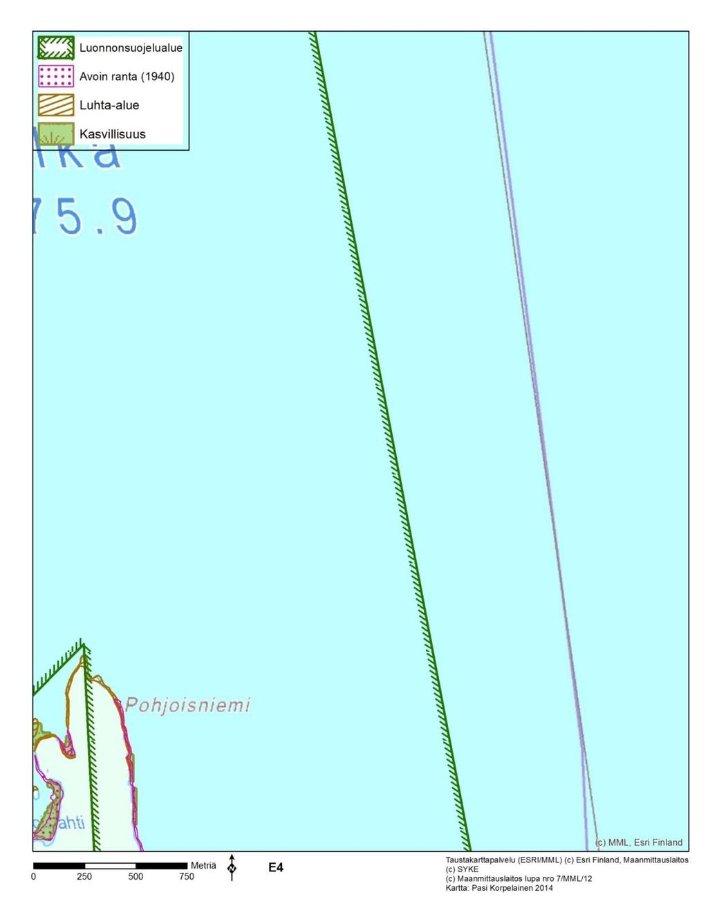 7.5.4 Pesolansaaren kärki (karttalehti E4) Lähes koko karttalehden alue on Oriveden-Pyhäselän saaristot FI0700018 (SCI)-suojelualuetta