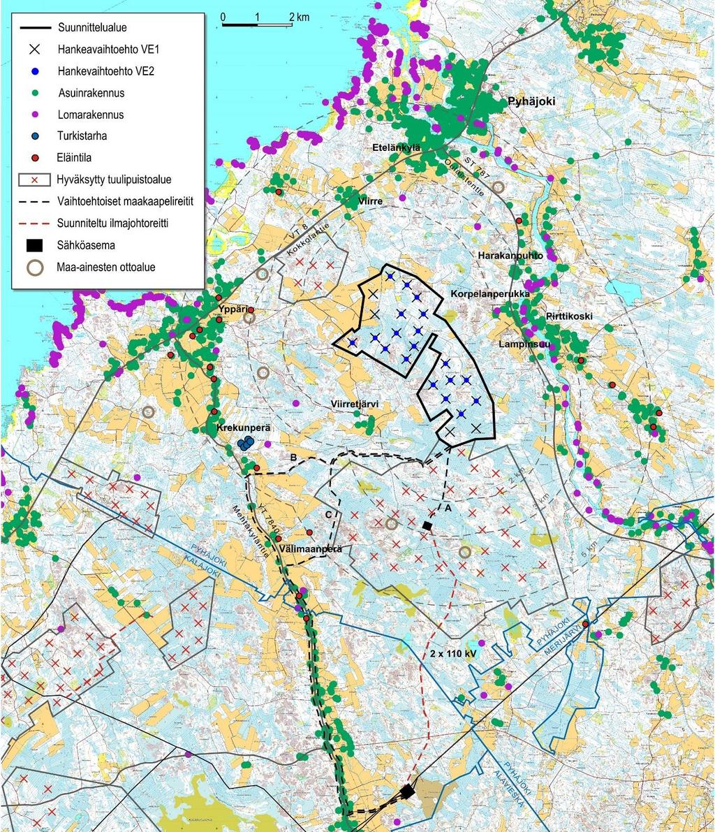 5 Kuva 2. Osayleiskaava-alueen ja sen lähiympäristön nykyinen maankäyttö. Asutus Maanmittauslaitoksen maastotietokannan 01/2017 mukaan, tarkistukset Pyhäjoen kunta 2017.