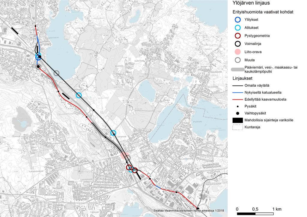 3 2 VE1 VE2 1 Tekninen toteutettavuus - Mikkolan linjauksella kantatien 65 ja junaradan ylityksiä - Pikalinjauksella