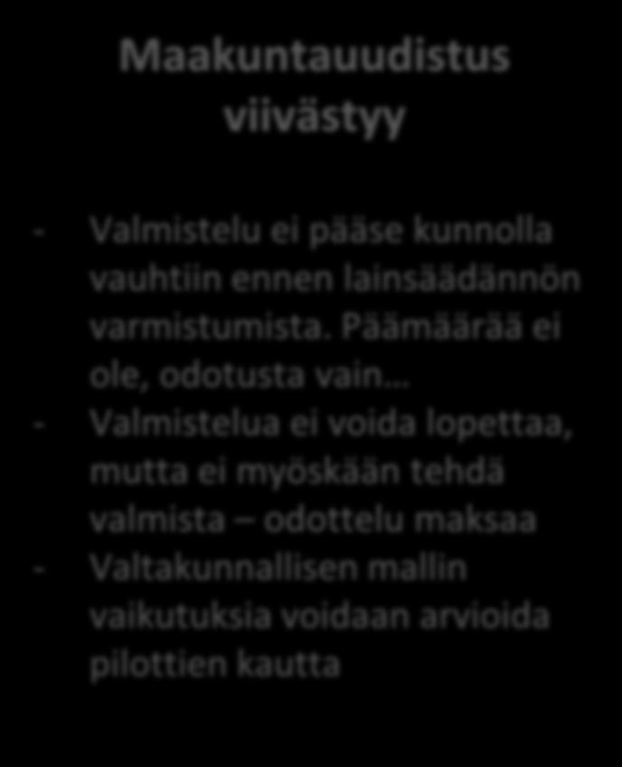 valmista, mutta mahdollisuus integraatioon on olemassa Maakuntauudistus viivästyy - Valmistelu ei pääse kunnolla vauhtiin ennen lainsäädännön
