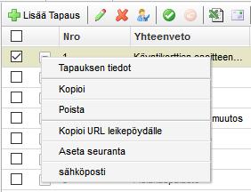 Päivitä näyttö Sarakevalinta Historialoki Tapausten lisäämisen ilmoitusasetukset Valitse näyttötila Valitse kaaviotila Vie suoraan tapauksen tietoihin Muutamia