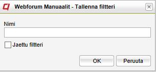 Riskit Täällä voidaan hallinnoida projektin riskejä. Ensimmäinen näkymä on lista, jossa näkyy kaikki riskit. Riskilista Erilaisia filttereitä voidaan tallentaa klikkaamalla Tallenna filtteri.