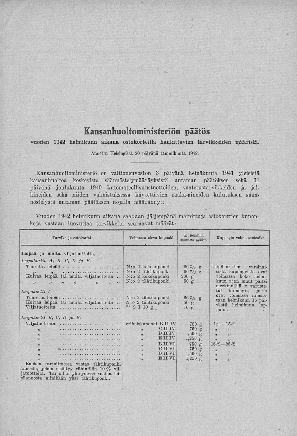 . N:o N:o - Kupongin J- Kansanhuoltoministeriön päätös vuoden 1942 helmikuun aikana ostokorteilla hankittavien tarvikkeiden määristä. Annettu Helsingissä 20 päivänä tammikuuta 1942.
