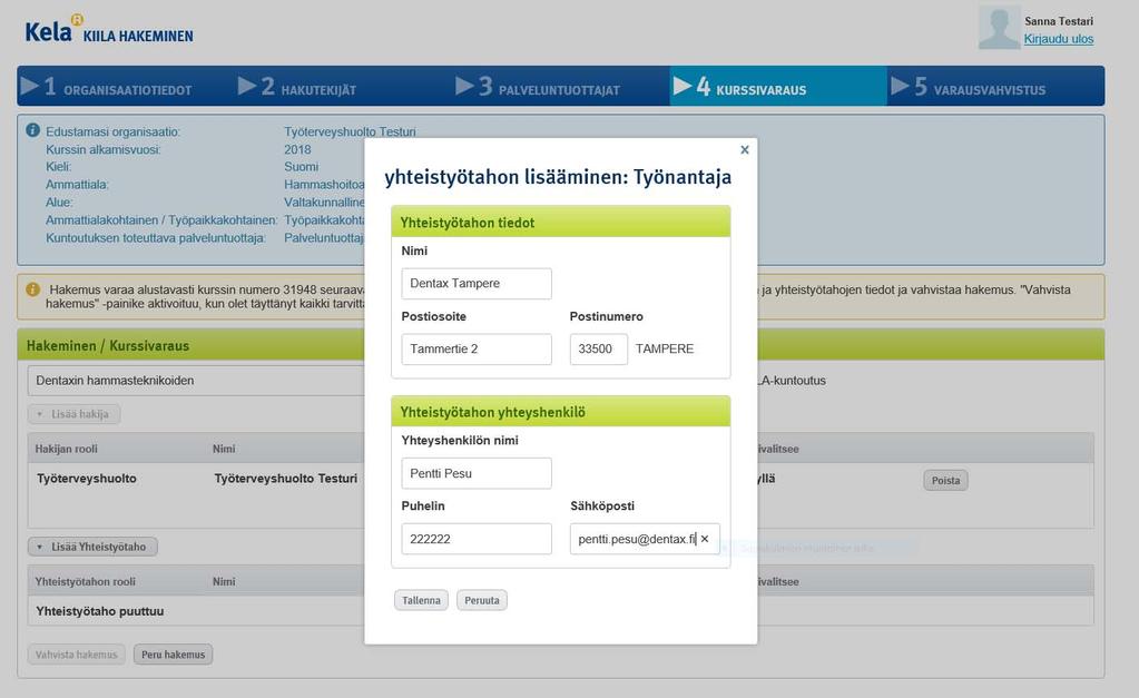 Hakijan jälkeen lisätään yhteistyötaho ja