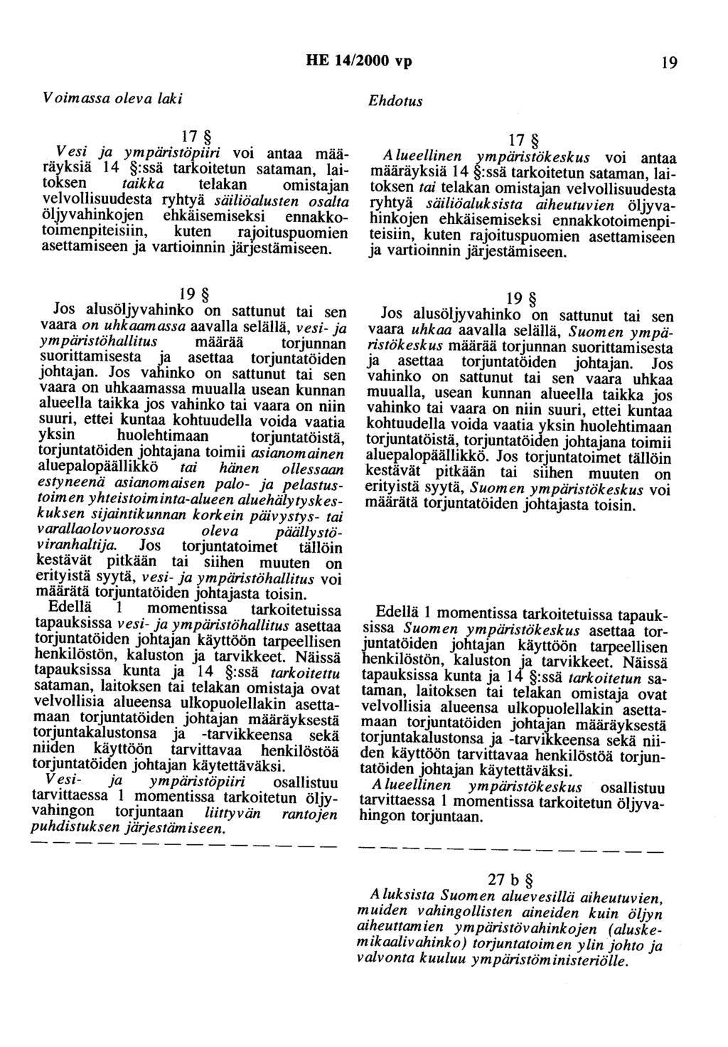 HE 14/2000 vp 19 Voimassa oleva laki 17 Vesi ja ympäristöpiiri voi antaa maaräyksiä 14 :ssä tarkoitetun sataman, laitoksen taikka telakan omistajan velvollisuudesta ryhtyä säiliöalusten osalta