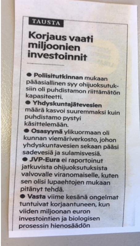 Ohijuoksutukset 2012 Vuonna 2012 paljastui, että JVP-Eura oli johtanut vuosina 2006-2012 jätevesiä suoraan Eurajokeen raportoimatta niitä.
