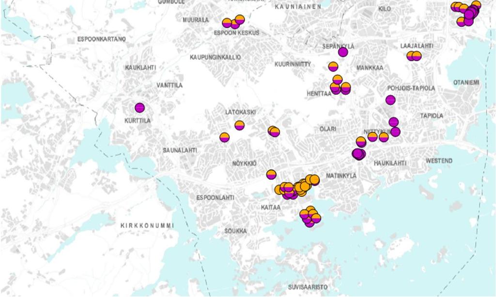 Alla olevassa kuvassa on esitetty korroosio- ja sulfidisavitutkimuspisteiden sijoittuminen Espoon kaupungin alueella. Kuva 16.