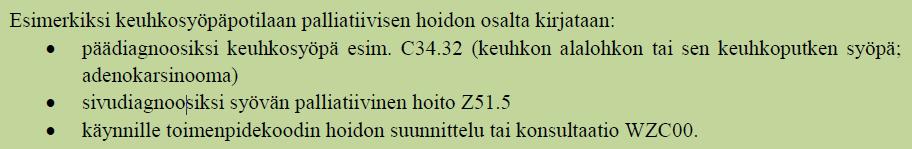 Palliatiivinen hoito Kristiina Kahur, MD MPH Lääkäri kirjaa syöpäpotilaan sivudiagnoosiksi palliatiivisen hoidon Z51.