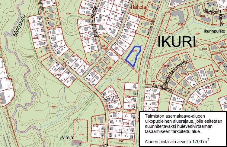 Taimiston alueen asemakaavan nro 8539 8 rajoitusten perusteella. Altaalle käytettävissä olevaan tilaan saadaan toteutettua arviolta 350 m 3 viivytystilavuus.
