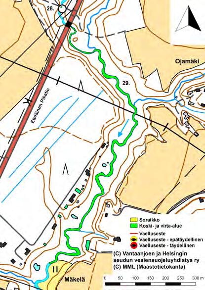 Kuva 73. Ohkolanjoelta määritetyt koski- ja virta-alueet 28 29 (karttakuva10). Taulukko 16. Ohkolanjoen alaosien inventoitujen soraikkojen tekniset tiedot.