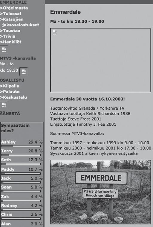 Taulukko 1. Ohjelmakohtaisten sivustojen tarjoama sisältö ja käyttötarkoitukset.