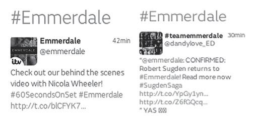 Emmerdalen Twitter-virtaa vuodelta 2014. Lähde: http://www.mtv3.fi/emmerdale. materiaalia tarjolla.