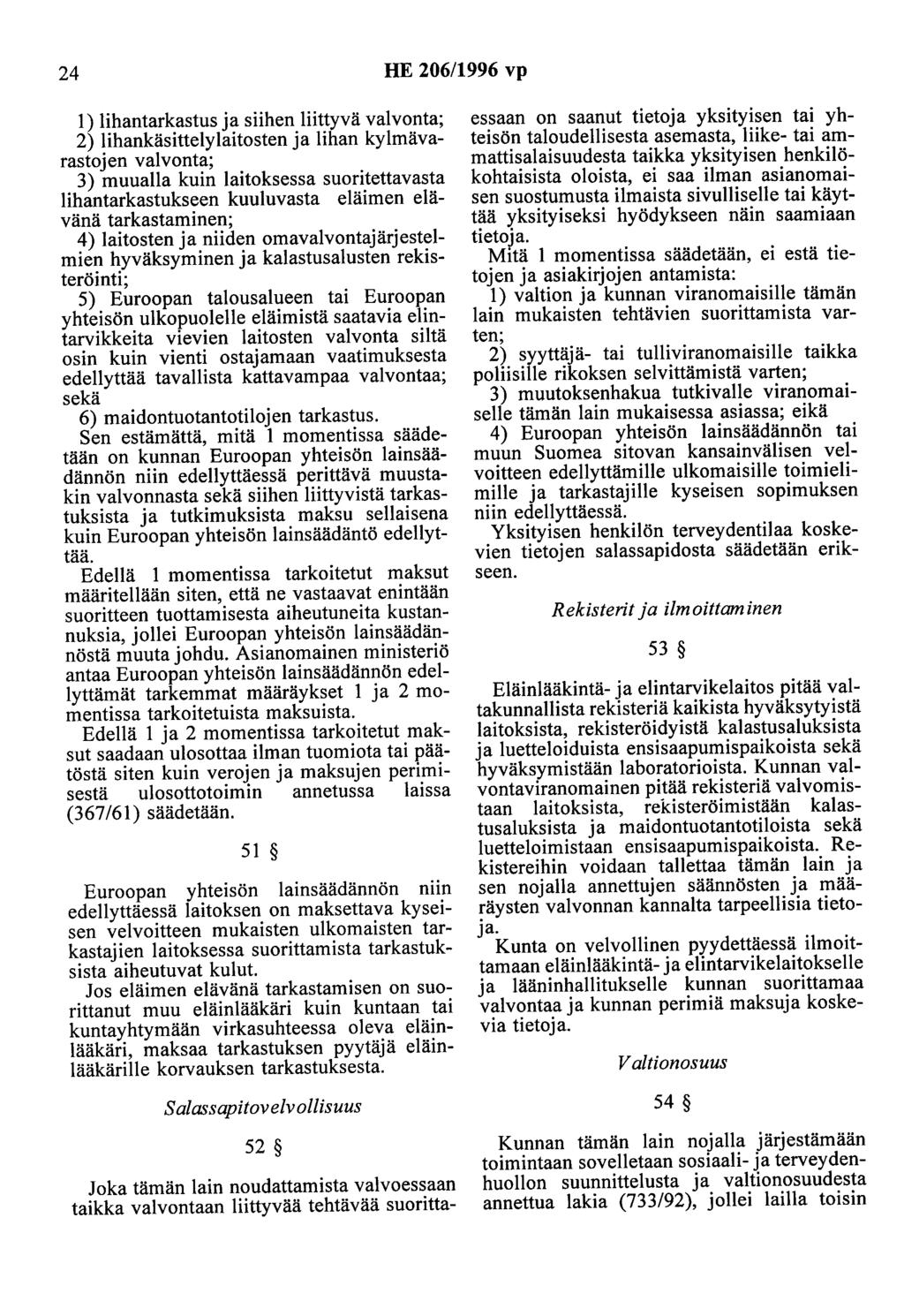 24 HE 206/1996 vp 1) lihantarkastus ja siihen liittyvä valvonta; 2) lihankäsittelylaitosten ja lihan kylmävarastojen valvonta; 3) muualla kuin laitoksessa suoritettavasta lihantarkastukseen