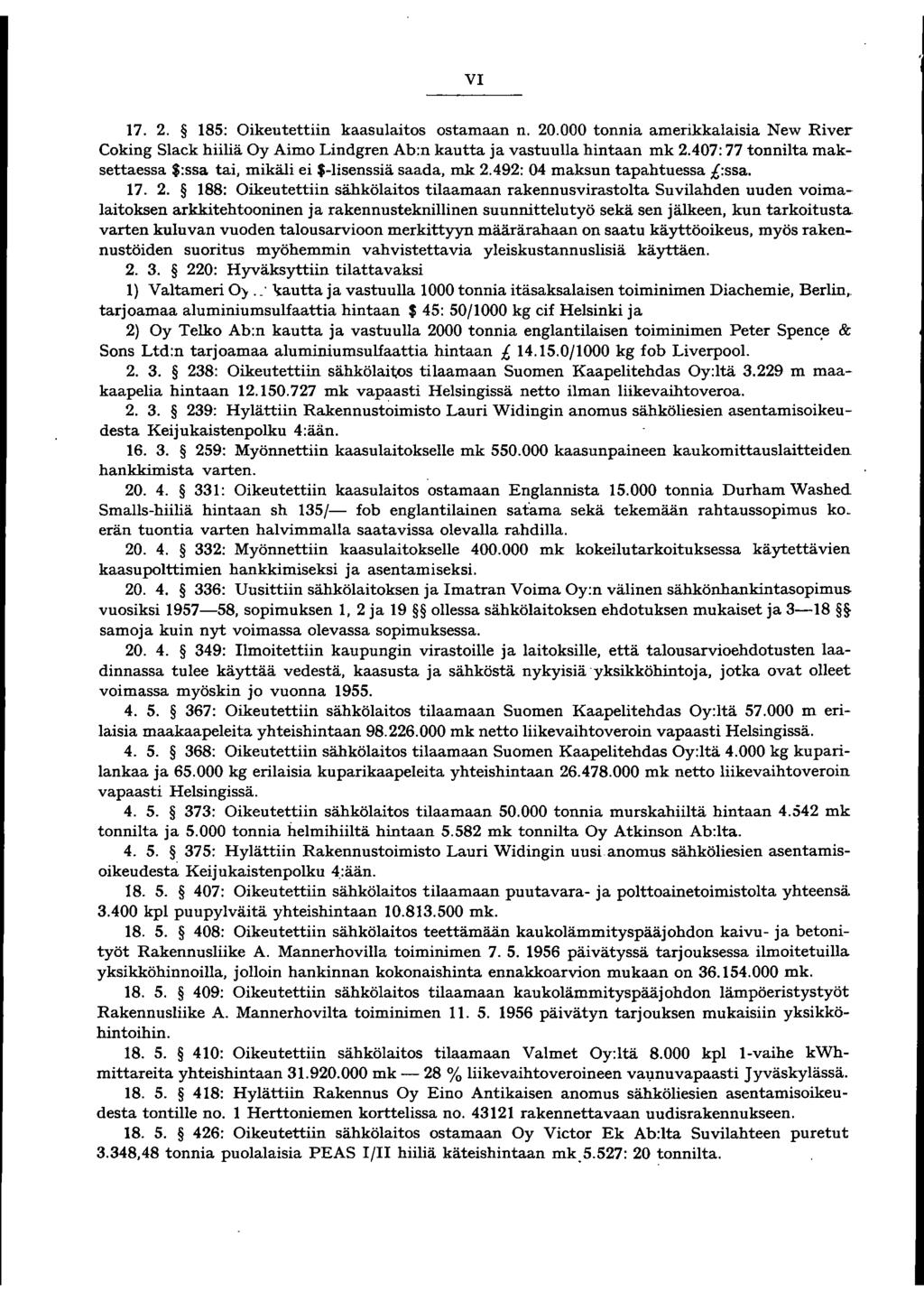 V 17. 2. 185: Oikeutettiin kaasulaitos ostamaan n. 20.000 tonnia amerikkalaisia New River Coking Slack hiiliä Oy Aimo Lindgren Ab:n kautta ja vastuulla hintaan mk 2.