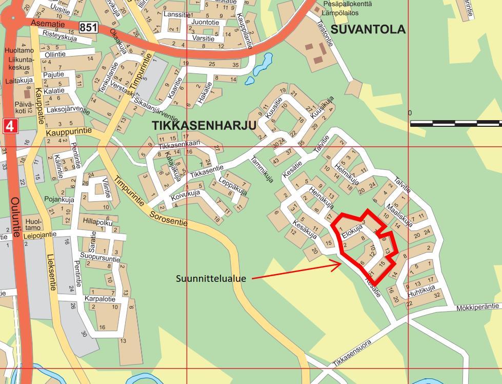 1. PERUS- JA TUNNISTETIEDOT 1.1 Suunnittelualue Suunnittelualue sijaitsee noin kaksi kilometriä Iin keskustasta kaakkoon. Alue käsittää Tikkasenharjun eteläosassa sijaitsevan Elokujan alueen.