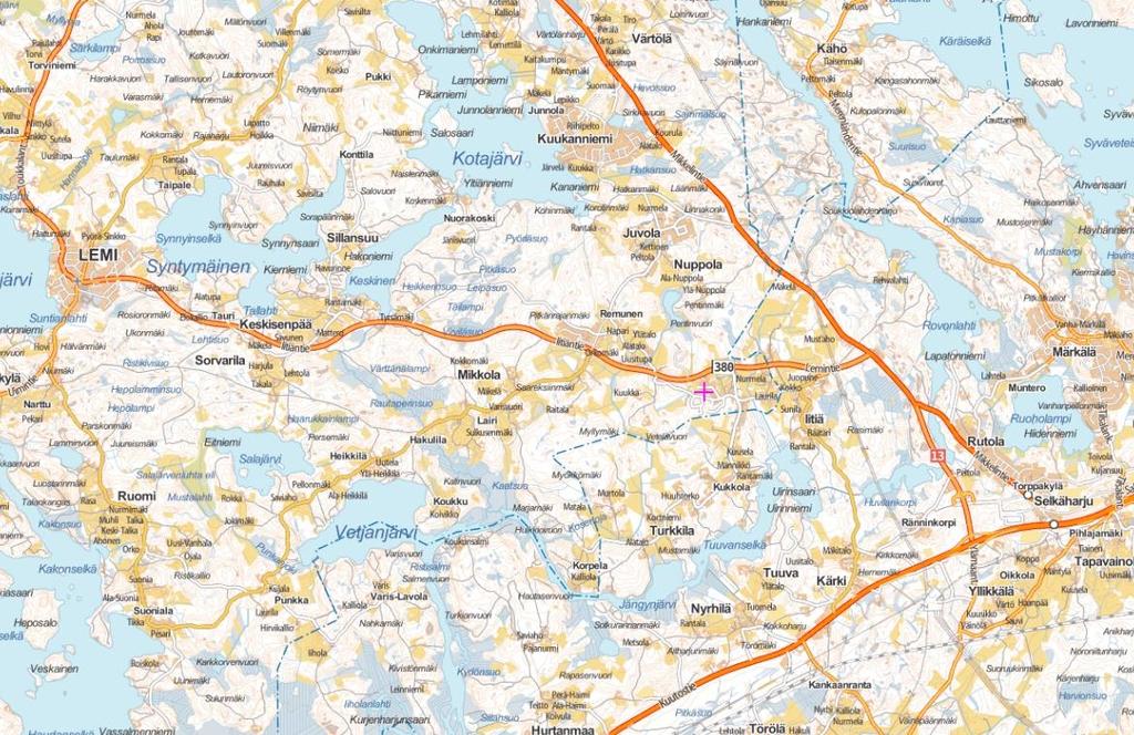 2 SUUNNITTELUALUEEN SIJAINTI Suunnittelualueet sijaitsevat Lemin kunnan Kirkonkylän taajama-alueella Hyvinvointiaseman, Kirjaston ja