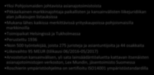 osakkaita Liikevaihto 95 MEUR (tilikausi 06/2016-05/2017) Arvostetun kansainvälisen, yli sata lainsäädäntöaluetta kattavan itsenäisten asianajotoimistojen verkoston, Lex Mundin, jäsentoimisto