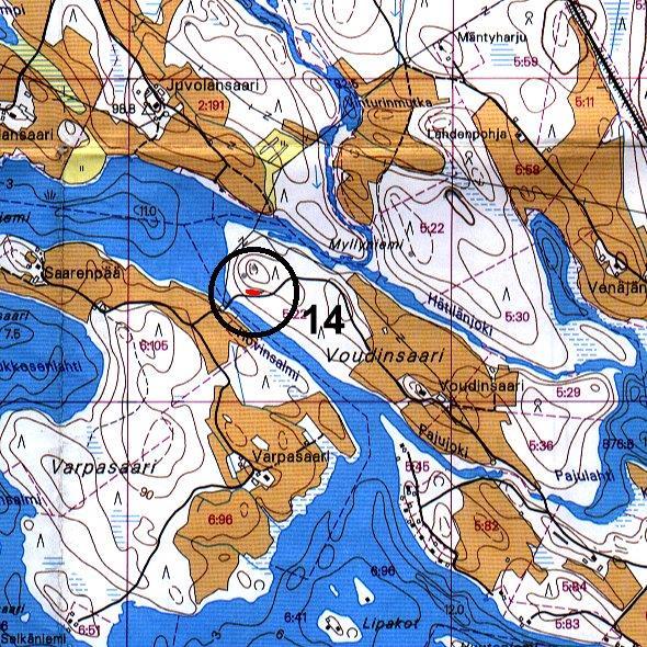 5 JUANKOSKI 14 VOUDINSAARI-HOVINSALMI Mj-tunnus: 174-01-0014 Kylä: Akonvesi Ajoitus: nuor kivikausi Laji: asuinpaikka Rauh.