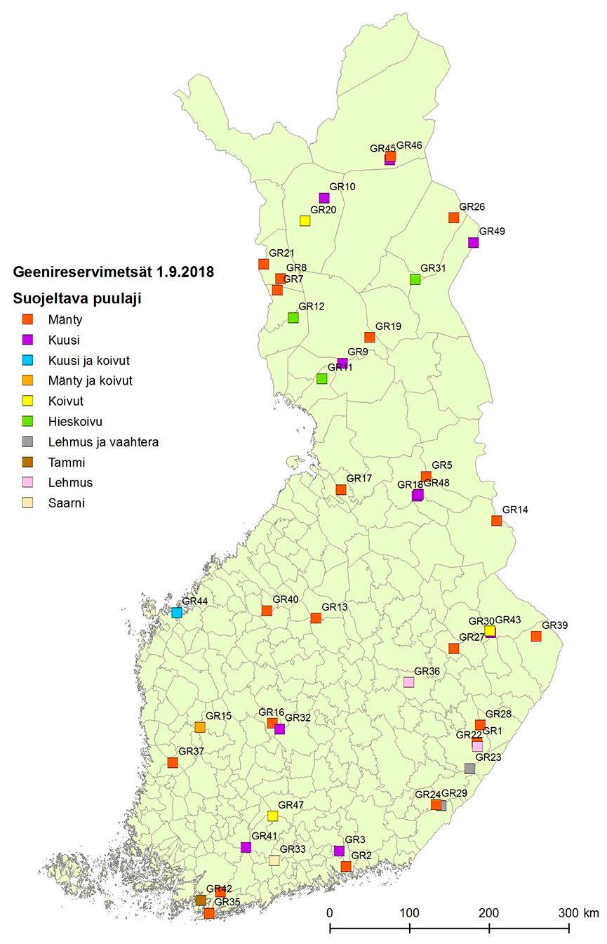 SUOMEN MAA-, METSÄ- JA KALATALOUDEN KANSALLINEN GEENIVARAOHJELMA Kartta 1. Geenireservimetsäverkosto.