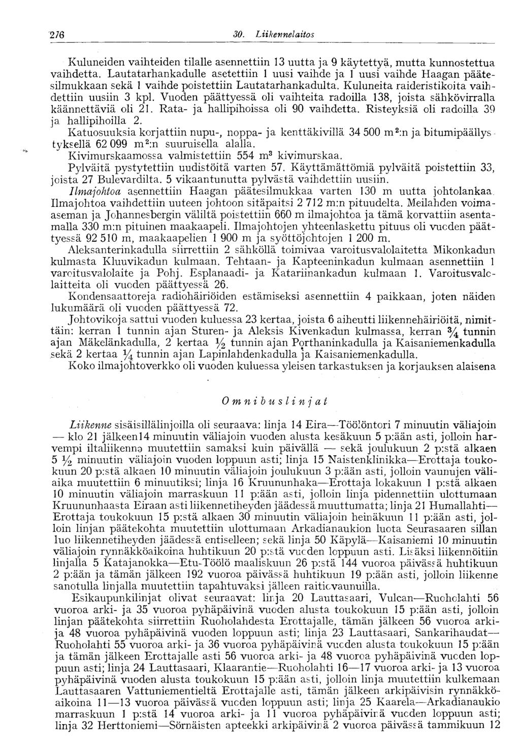 276 30. Liikennelaitos 276 Kuluneiden vaihteiden tilalle asennettiin 13 uutta ja 9 käytettyä, mutta kunnostettua vaihdetta.