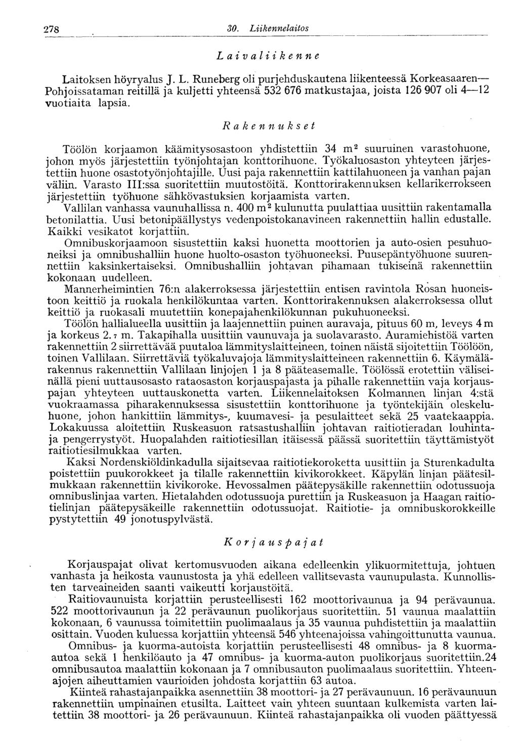 278 30. Liikennelaitos 278 Laivaliikenne Laitoksen höyryalus J. L. Runeberg oli purjehduskautena liikenteessä Korkeasaaren Pohjoissataman reitillä ja kuljetti yhteensä 532 676 matkustajaa, joista 126 907 oli 4 12 vuotiaita lapsia.