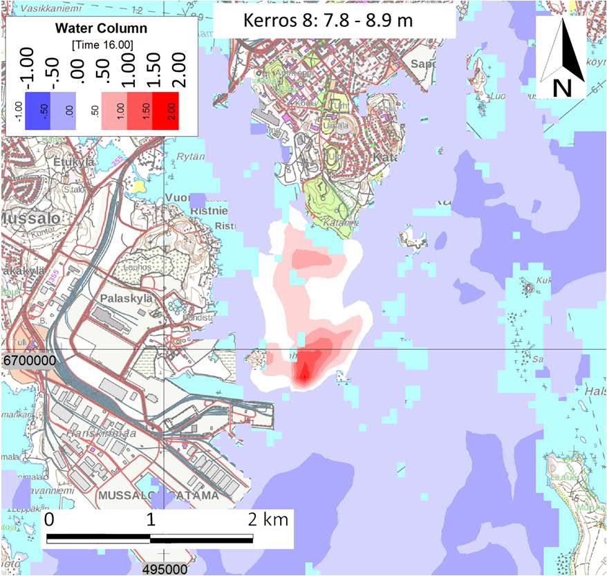 Lasketut lämpötilat lämpökuormalla ja ilman sekä näiden erotus laskennan lopputilanteessa on esitetty liitteen 3.2 kuvissa.