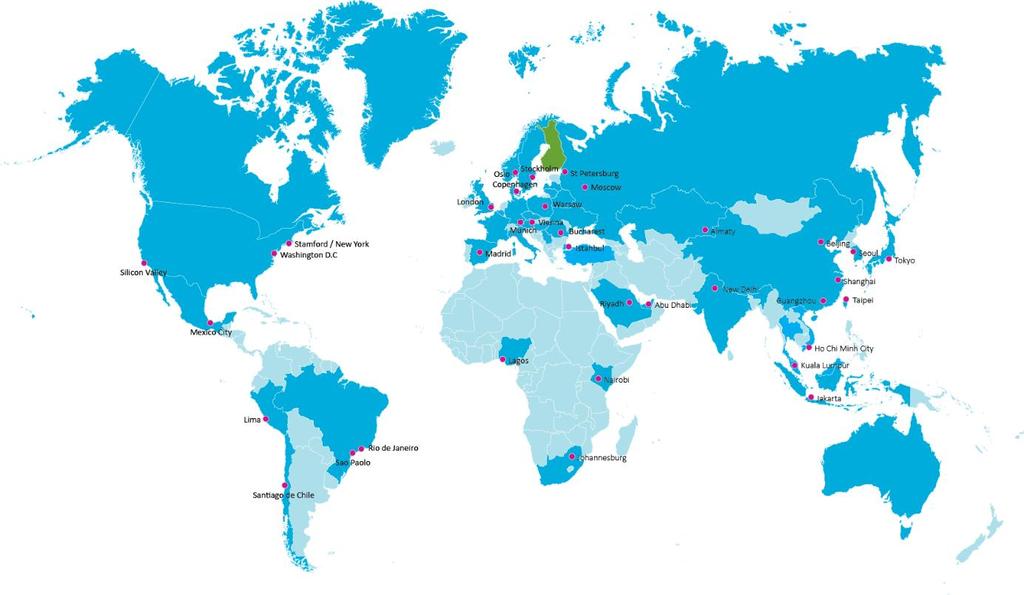 Finpron ja Tekesin ulkomaan verkosto vahvistuu UM yhteistyön kautta USA Silicon Valley 1 Stamford 2 Washington D.C. 2 Europe Stockholm 1 Copenhagen 3 St.